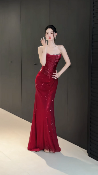 Robe de bal rouge glamour bustier, coupe fourreau, en mousseline à paillettes, longue robe de soirée DP07957