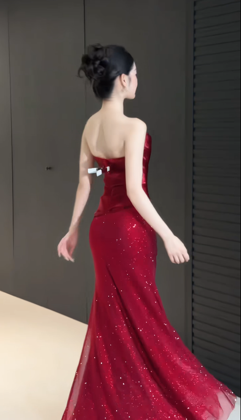 Robe de bal rouge glamour bustier, coupe fourreau, en mousseline à paillettes, longue robe de soirée DP07957