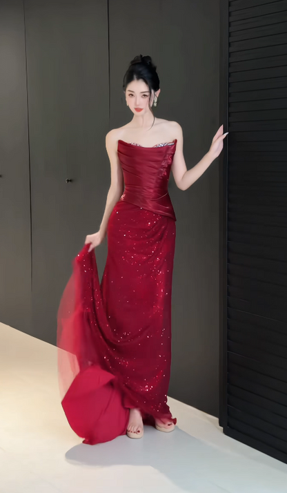 Robe de bal rouge glamour bustier, coupe fourreau, en mousseline à paillettes, longue robe de soirée DP07957