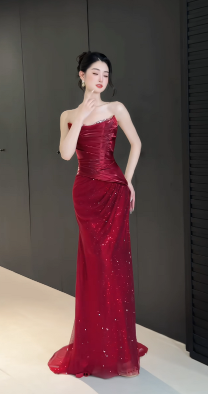 Robe de bal rouge glamour bustier, coupe fourreau, en mousseline à paillettes, longue robe de soirée DP07957
