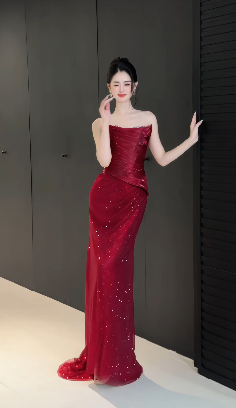 Robe de bal rouge glamour bustier, coupe fourreau, en mousseline à paillettes, longue robe de soirée DP07957