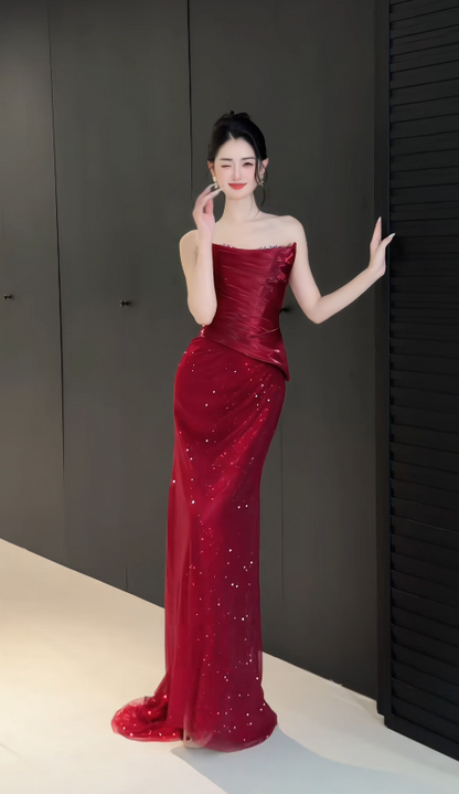 Robe de bal rouge glamour bustier, coupe fourreau, en mousseline à paillettes, longue robe de soirée DP07957