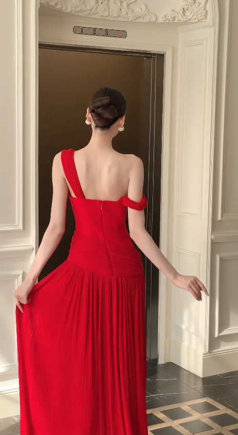 Robe de bal rouge glamour, robe de soirée longue fourreau en mousseline DP07958