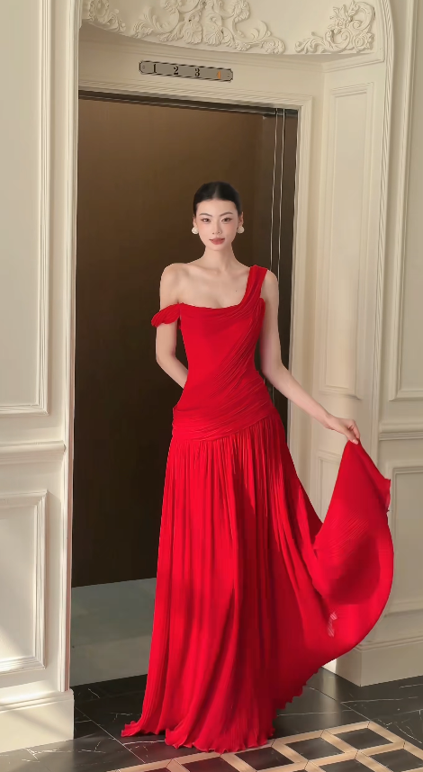 Robe de bal rouge glamour, robe de soirée longue fourreau en mousseline DP07958