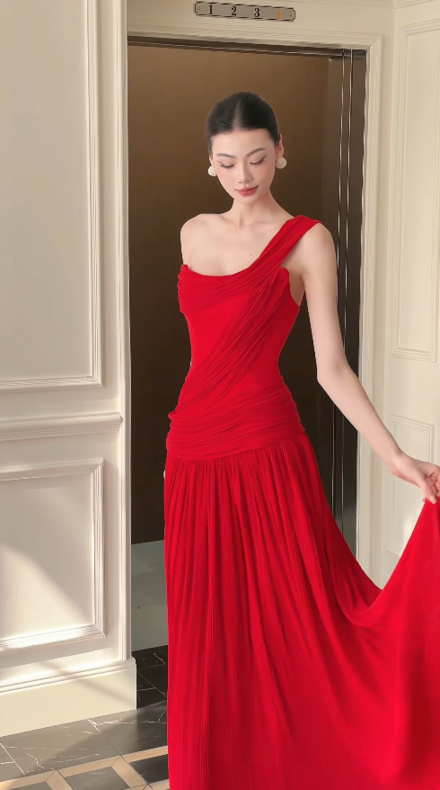 Robe de bal rouge glamour, robe de soirée longue fourreau en mousseline DP07958