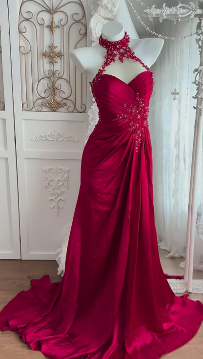 Glam Red Prom Dress Sheath Satin Long Evening Dress DP07959