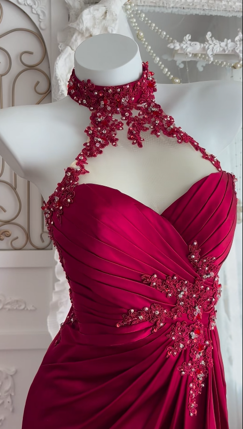 Glam Red Prom Dress Sheath Satin Long Evening Dress DP07959
