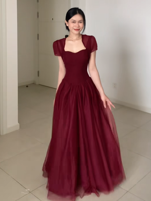 Glam Burgundy Prom Dress A-Line Tulle Long Evening Dress DP07960
