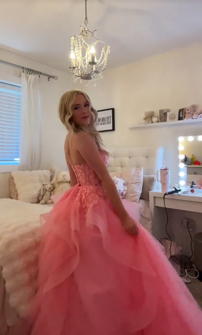 Glam Appliques Sweet 16 Dress Straps Pink Prom Dress A-Line Tulle Long Evening Dress DP07961