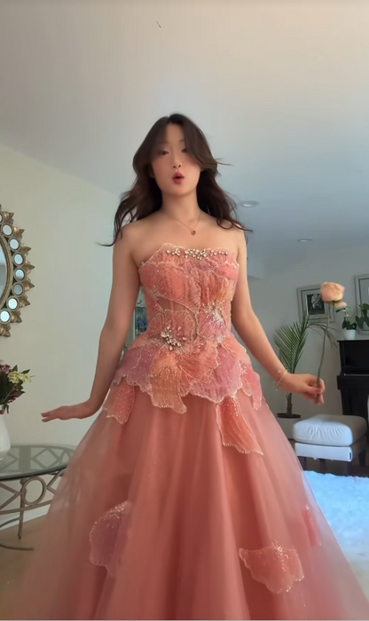 Robe de bal longue en tulle pêche sans bretelles style princesse, robe de soirée Glam à sequins pour 16e anniversaire DP07962