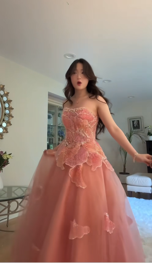 Robe de bal longue en tulle pêche sans bretelles style princesse, robe de soirée Glam à sequins pour 16e anniversaire DP07962