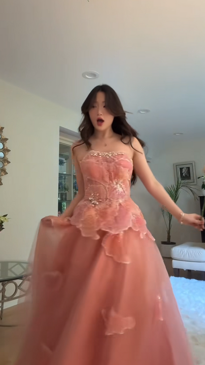 Robe de bal longue en tulle pêche sans bretelles style princesse, robe de soirée Glam à sequins pour 16e anniversaire DP07962