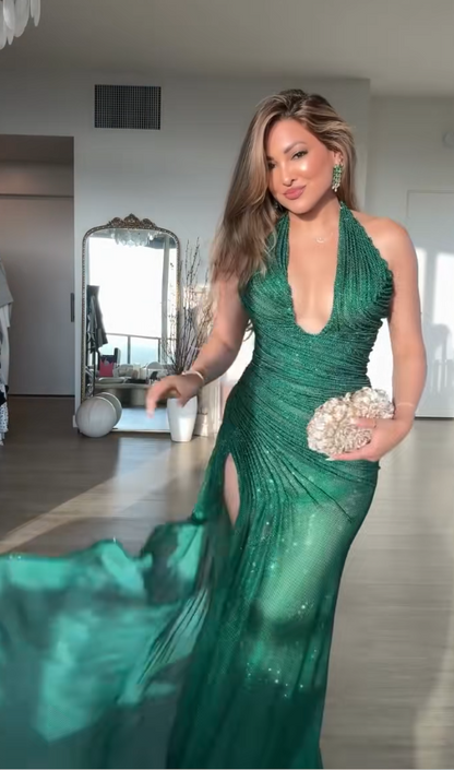 Robe de bal fourreau glamour à col en V en tulle vert foncé, longue robe de soirée DP07963