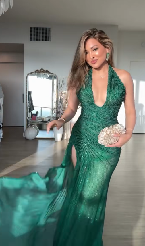 Glam V-neck Dark Green Prom Dress Sheath Tulle Long Evening Dress DP07963