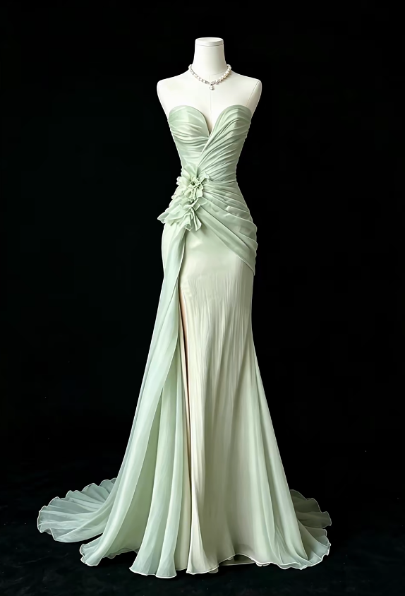Robe de bal fourreau glamour à décolleté cœur, longue robe de soirée en mousseline verte DP07965