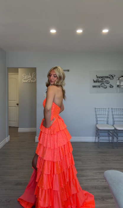 Robe de bal orange mignonne, robe de soirée longue en satin trapèze DP07970