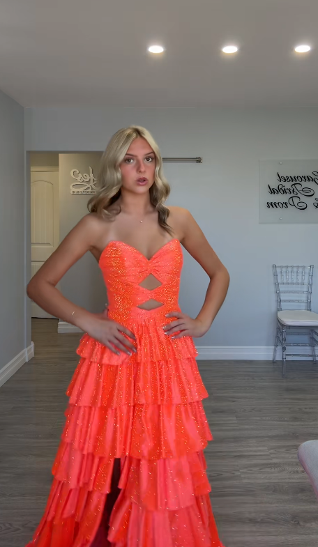 Robe de bal orange mignonne, robe de soirée longue en satin trapèze DP07970