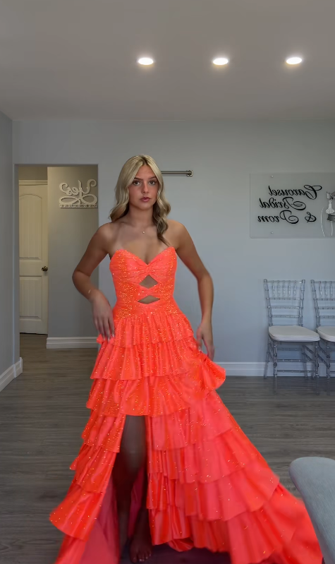 Robe de bal orange mignonne, robe de soirée longue en satin trapèze DP07970