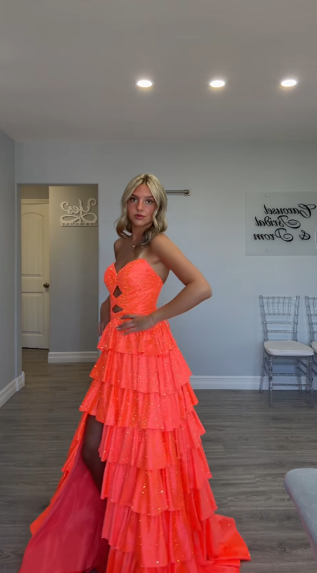Robe de bal orange mignonne, robe de soirée longue en satin trapèze DP07970