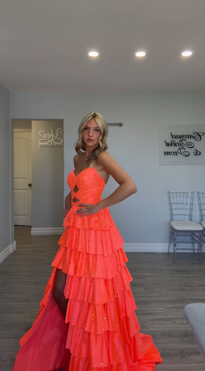 Robe de bal orange mignonne, robe de soirée longue en satin trapèze DP07970