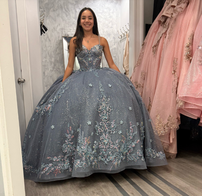 Süßes, staubblaues Sweet-16-Ballkleid aus Tüll, Quinceañera-Kleid, besticktes Geburtstagskleid DP07975