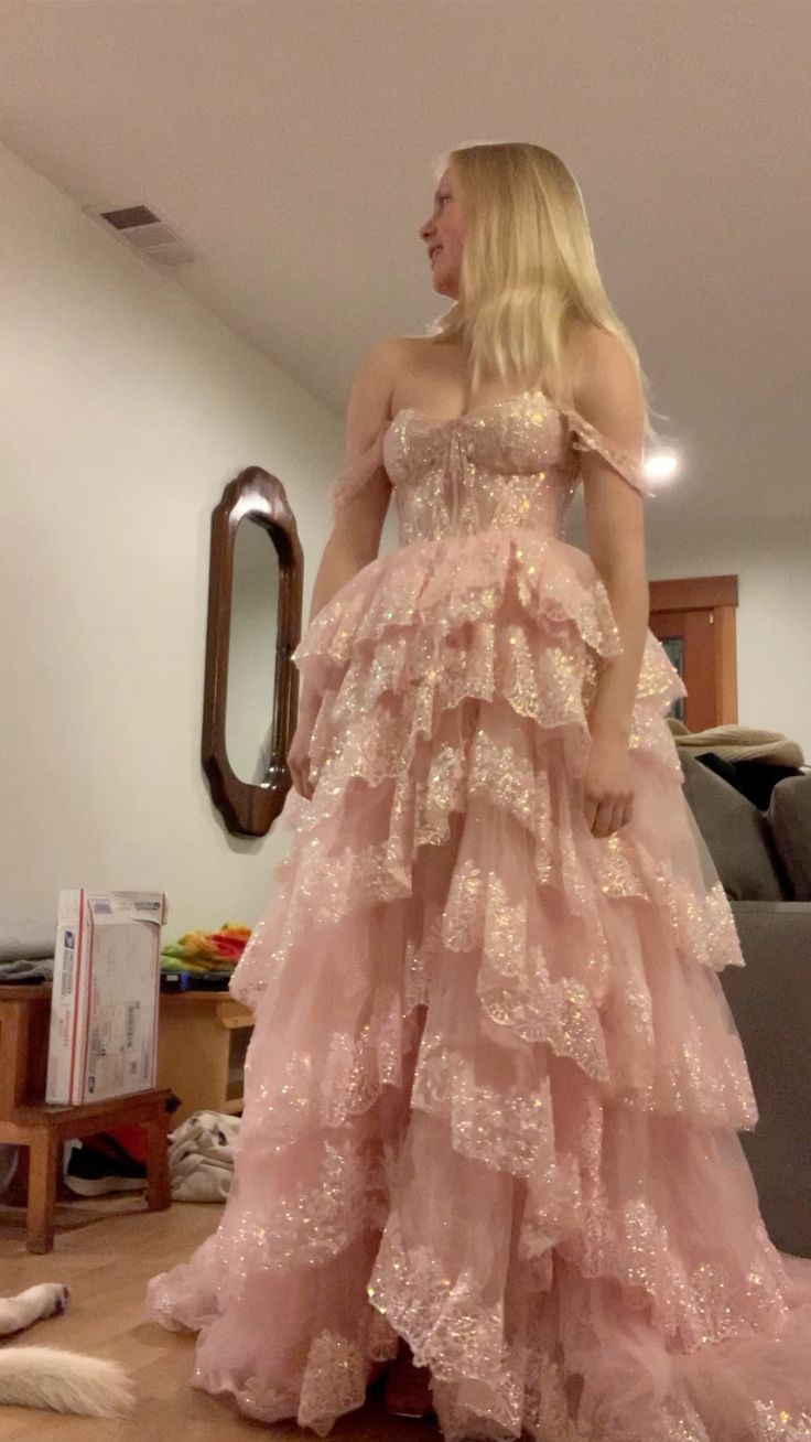 Niedliches A-Linien-Tüllkleid zum 16. Geburtstag mit Pailletten, rosa Ballkleid DP07979