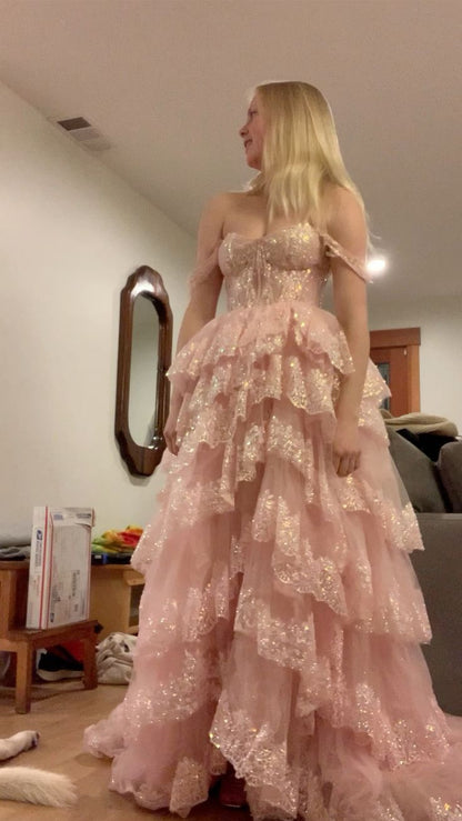 Niedliches A-Linien-Tüllkleid zum 16. Geburtstag mit Pailletten, rosa Ballkleid DP07979