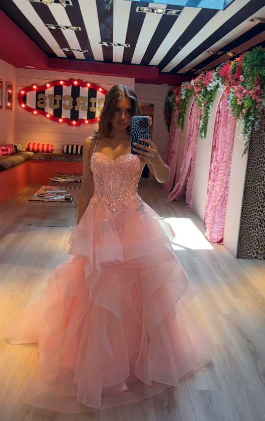 Jolie robe de 16 ans évasée, robe de soirée longue en tulle rose pour bal de promo DP07982