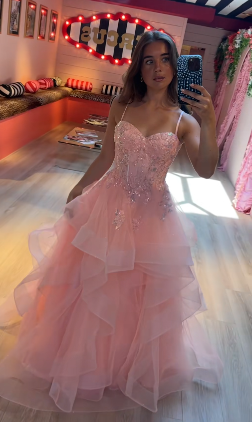Jolie robe de 16 ans évasée, robe de soirée longue en tulle rose pour bal de promo DP07982