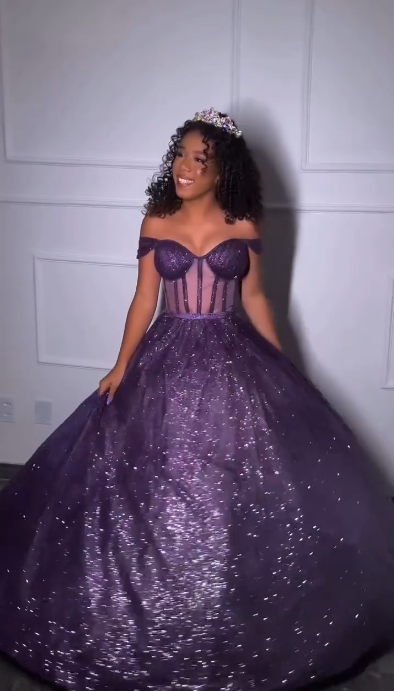 Magnifique robe de soirée longue trapèze en tulle scintillant, robe de 16e anniversaire violet foncé, robe de bal DP07984