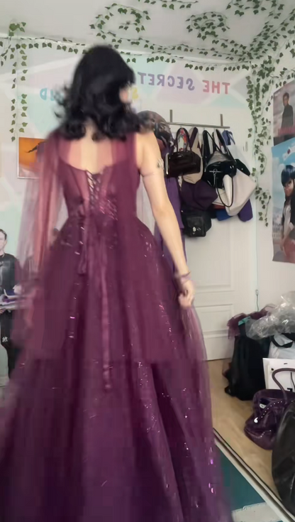 Magnifique robe de soirée longue trapèze en tulle scintillant, robe de 16 ans, robe de bal prune DP07985