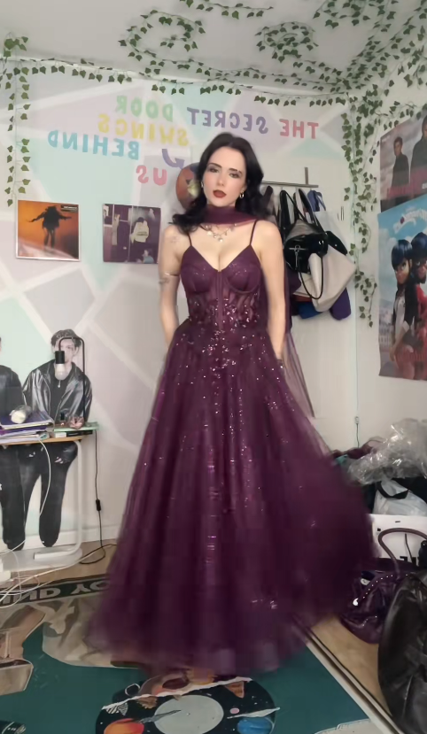 Magnifique robe de soirée longue trapèze en tulle scintillant, robe de 16 ans, robe de bal prune DP07985