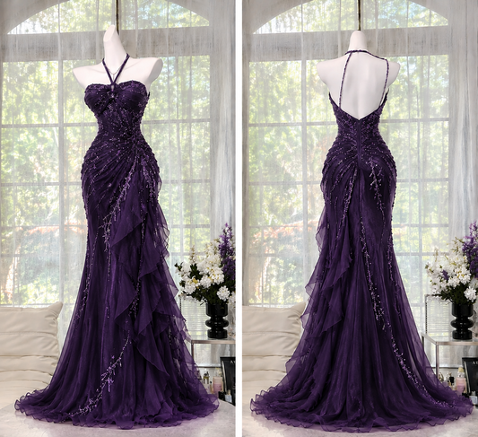 Robe de soirée longue fourreau vintage en mousseline à perles, violet foncé, robe de bal DP07989
