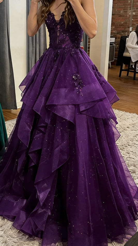 Magnifique robe de soirée longue en tulle coupe trapèze violet foncé DP07990
