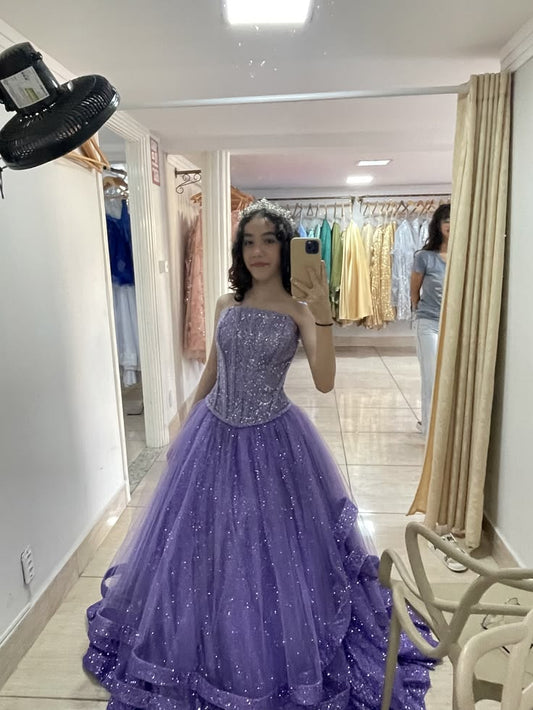 Magnifique robe de soirée longue en tulle coupe trapèze, robe de bal violette DP07991