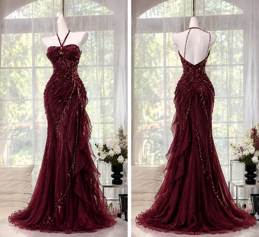 Élégante robe de soirée longue fourreau en mousseline perlée bordeaux Robe de bal DP07994