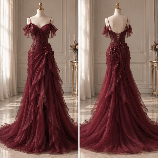 Élégante robe de soirée longue fourreau en mousseline perlée bordeaux Robe de bal DP07995