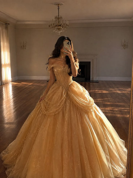 Robe de bal élégante pour 16 ans, robe de soirée longue en tulle de coupe trapèze dorée DP07997