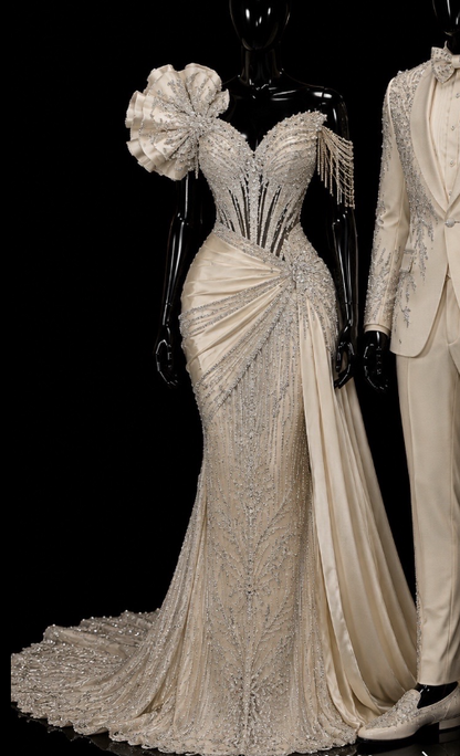 Elegant Sheath Beaded Satin Long Evening Dress Pale Yellow Prom Dress DP08002
