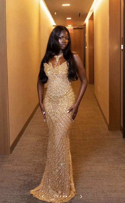 Elegant Sheath Beaded Tulle Long Evening Dress Gold Prom Dress DP08003
