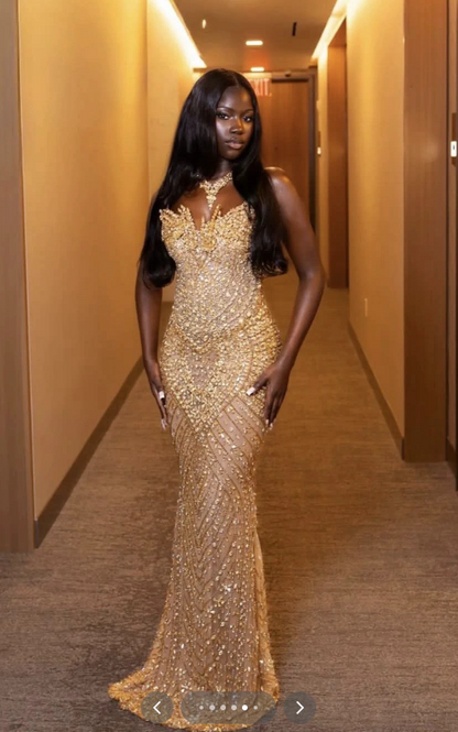 Elegant Sheath Beaded Tulle Long Evening Dress Gold Prom Dress DP08003