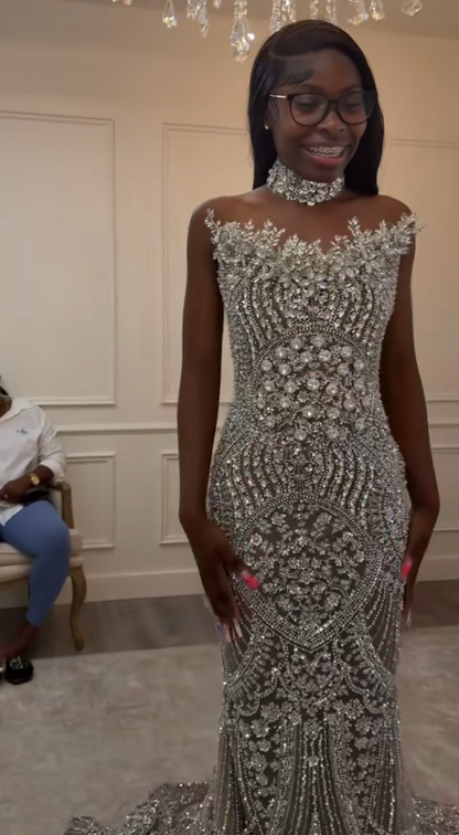 Elegantes langes Abendkleid aus perlenbesetztem Tüll, silbernes Ballkleid DP08004