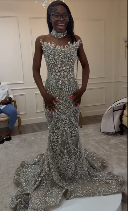 Elegantes langes Abendkleid aus perlenbesetztem Tüll, silbernes Ballkleid DP08004