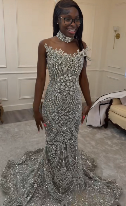 Elegantes langes Abendkleid aus perlenbesetztem Tüll, silbernes Ballkleid DP08004