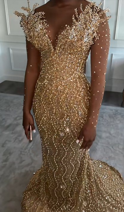 Elegant Sheath Beaded Tulle Long Evening Dress Gold Prom Dress DP08004