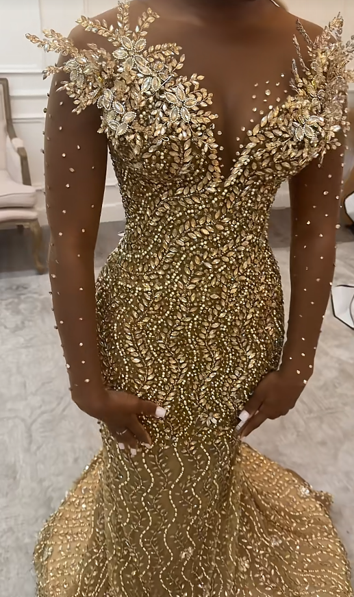 Elegant Sheath Beaded Tulle Long Evening Dress Gold Prom Dress DP08004