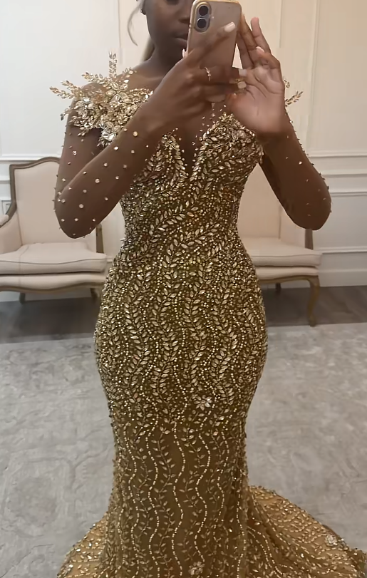 Elegant Sheath Beaded Tulle Long Evening Dress Gold Prom Dress DP08004