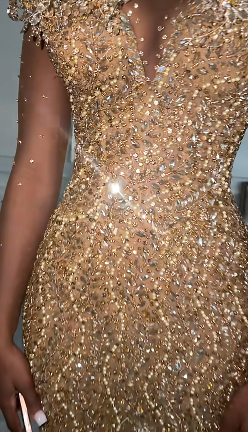 Elegant Sheath Beaded Tulle Long Evening Dress Gold Prom Dress DP08004