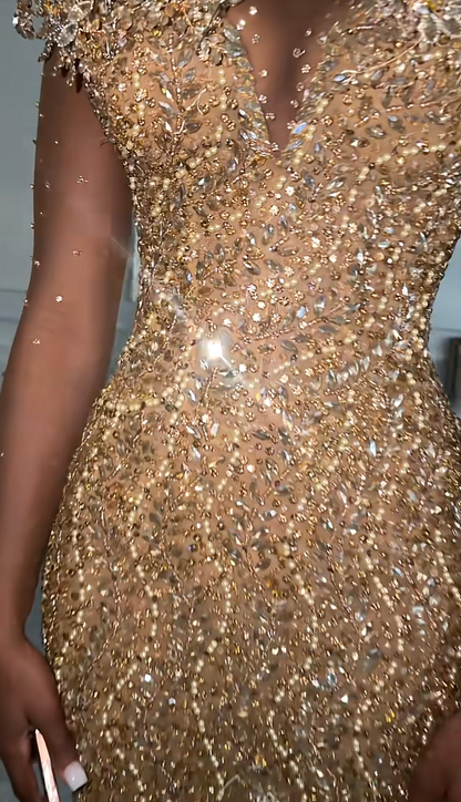 Elegant Sheath Beaded Tulle Long Evening Dress Gold Prom Dress DP08004