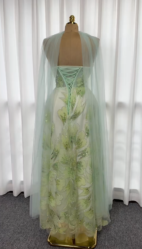 Fairy Strapless A-Line Tulle Long Evening Dress Green Prom Dress DP08007